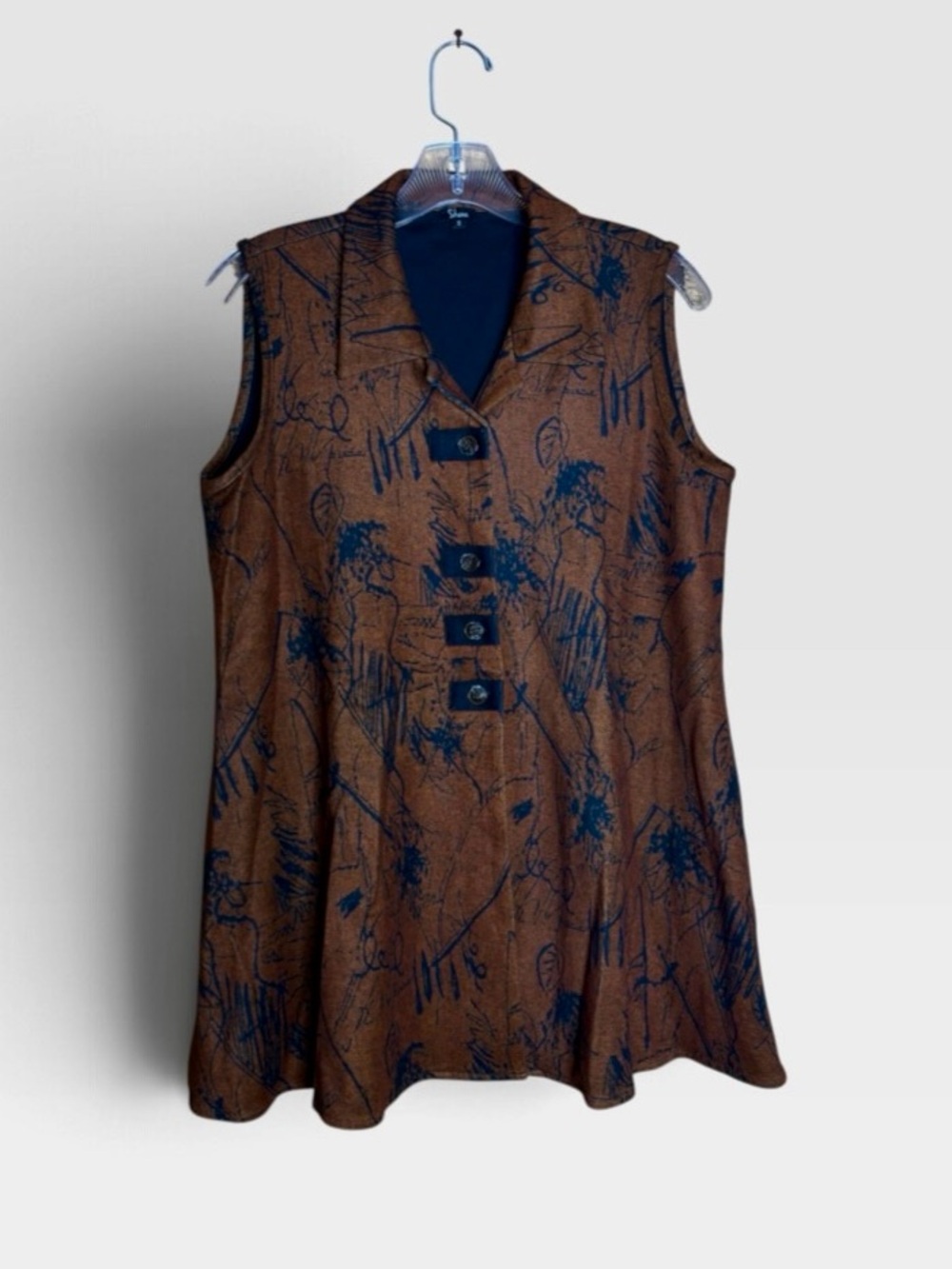 Shana Size Small Brown Black Abstract Art to Wear Long Vest Tunic Lagenlook